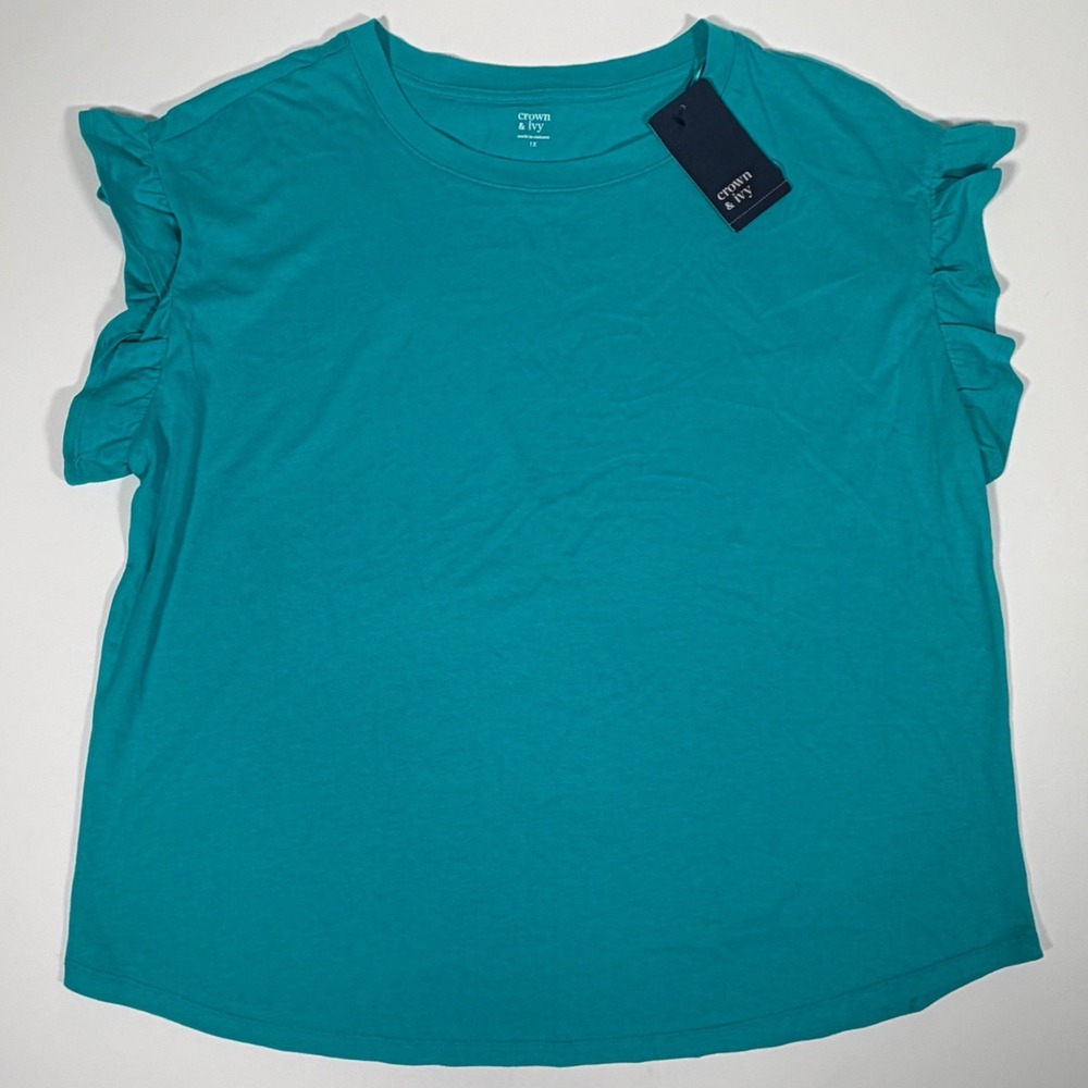 Crown & Ivy Teal Blue Ruffle Flutter Sleeve Top 1X Boho Coquette Minimalist NEW